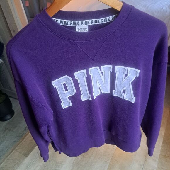 Victoria's Secret Sweaters - Victoria's Secret VS PINK Varsity Crewneck Purple Spellout Sweatshirt Size XS